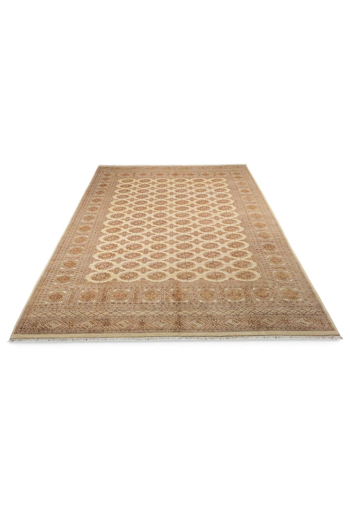 Border detail of antique cream hand-knotted Bokhara rug, extra large