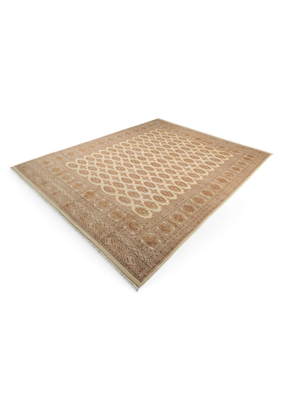 Antique cream Bokhara hand-knotted wool rug 286×368cm, Pakistani craftsmanship