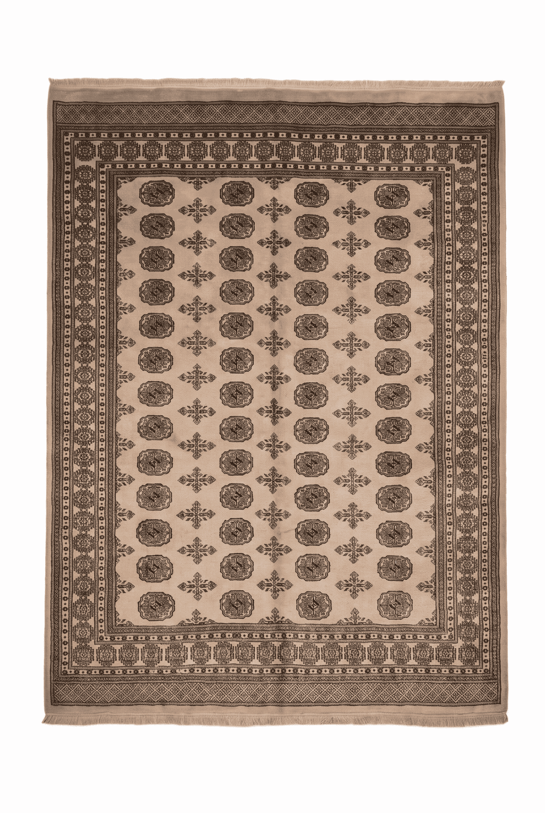 Camel beige and charcoal Turkmen gül Bokhara rug, 206×243cm, 3 tatami