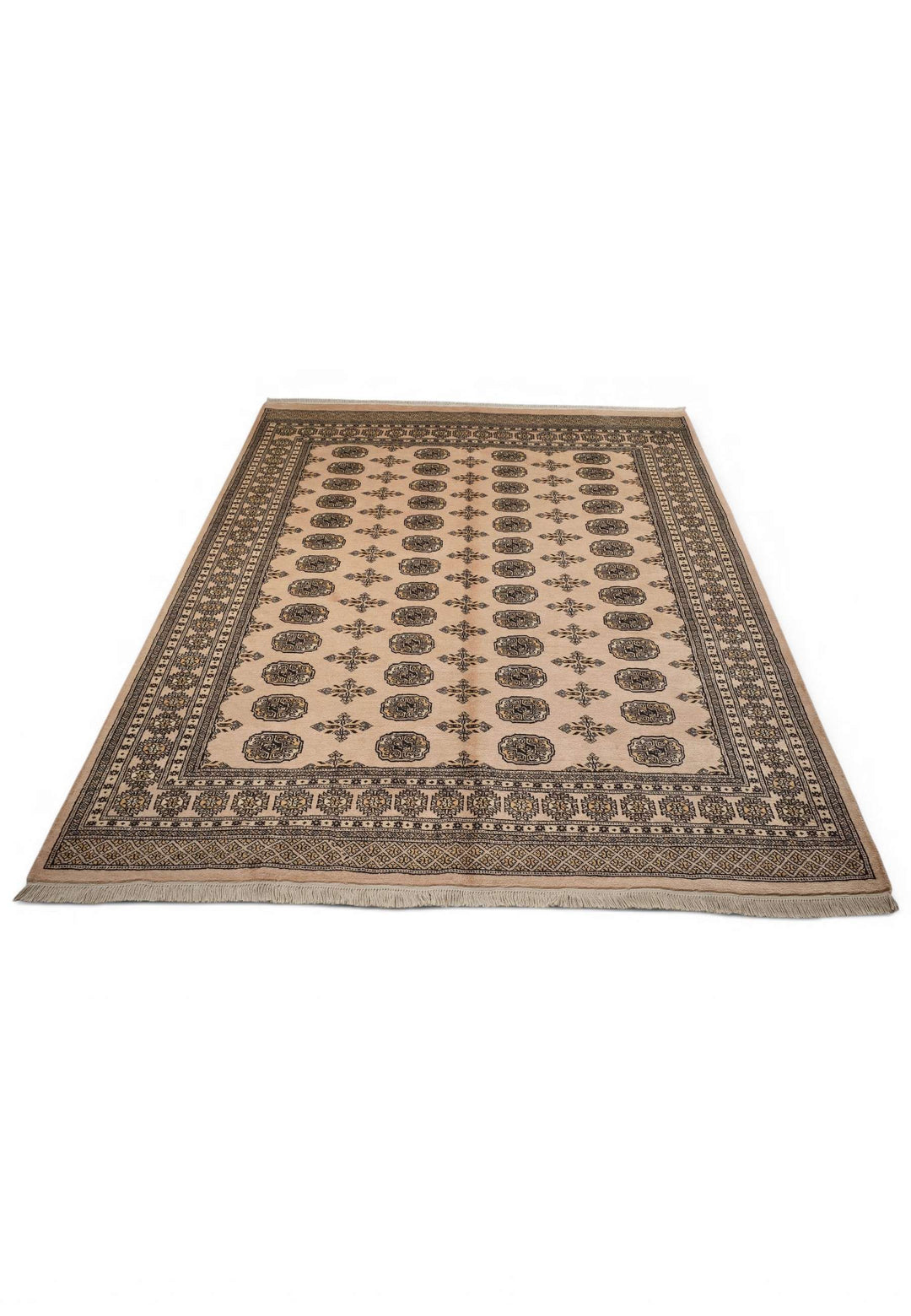 Border detail of camel beige and charcoal hand-knotted Bokhara rug