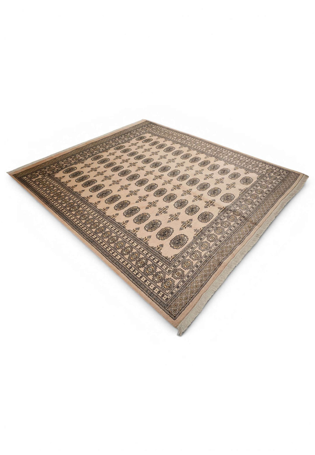 Camel charcoal Bokhara wool rug 206×243cm, Pakistani craftsmanship