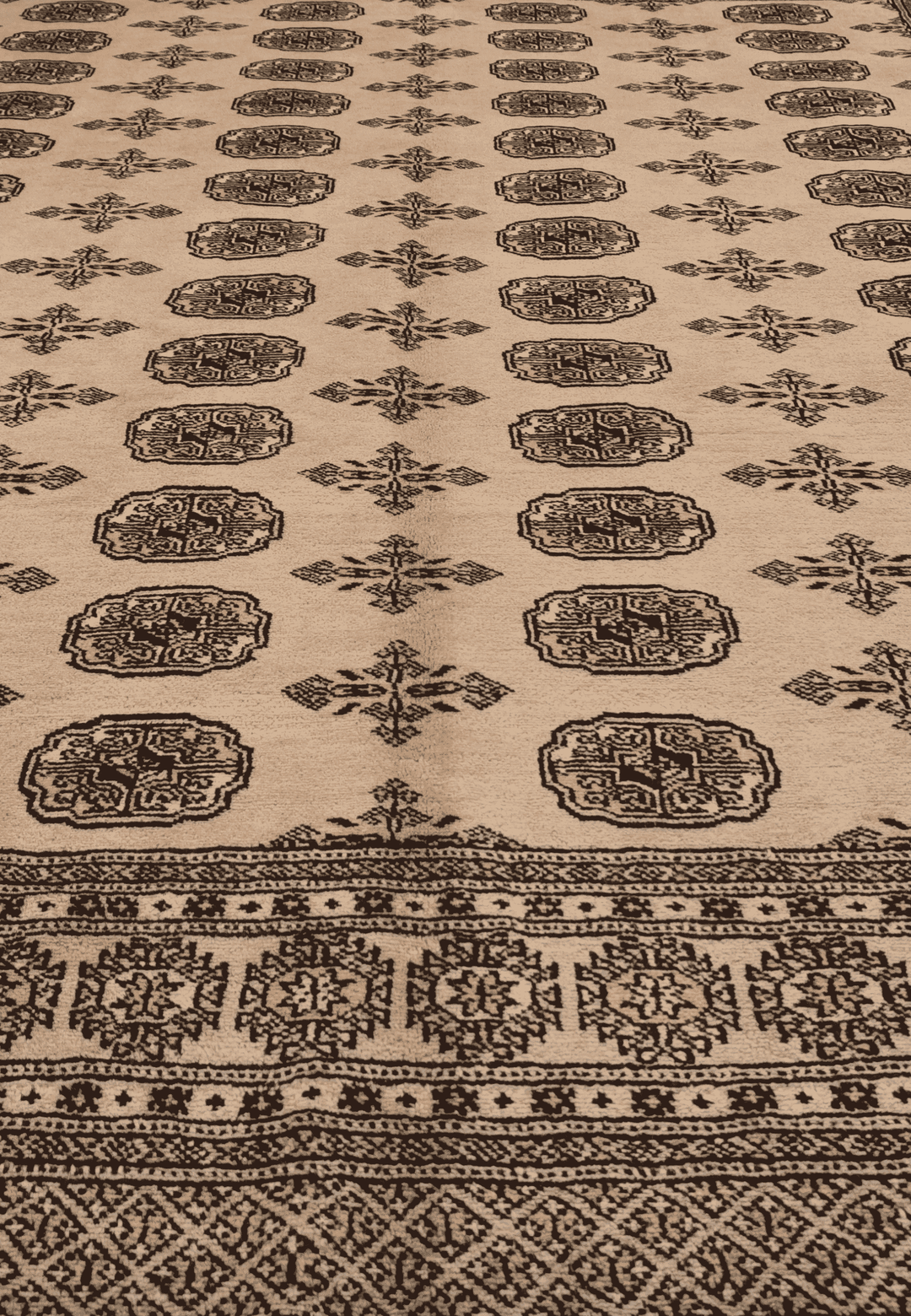 One-of-a-kind camel beige and charcoal Pakistani Bokhara rug