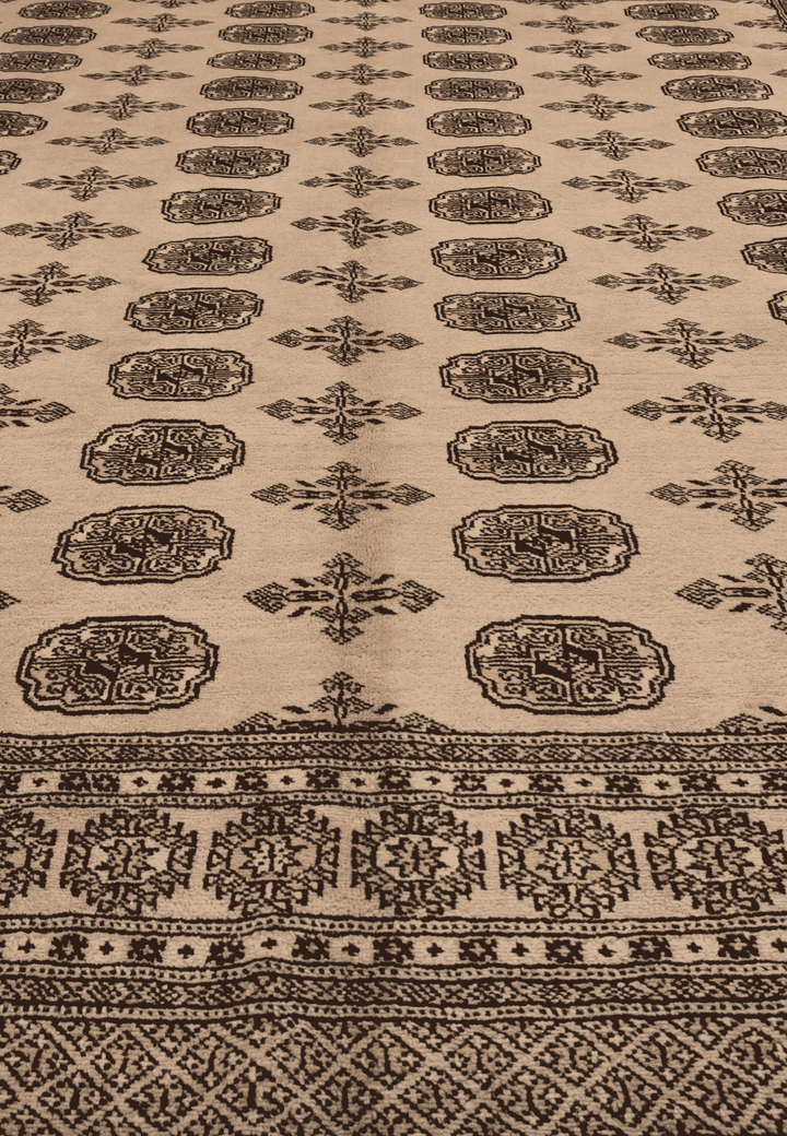 One-of-a-kind camel beige and charcoal Pakistani Bokhara rug