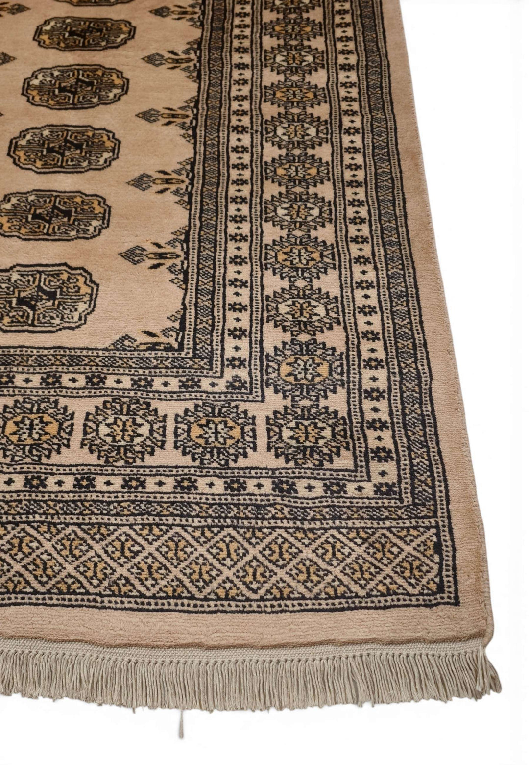 Hand-knotted camel Bokhara rug with charcoal and gold Turkmen güls