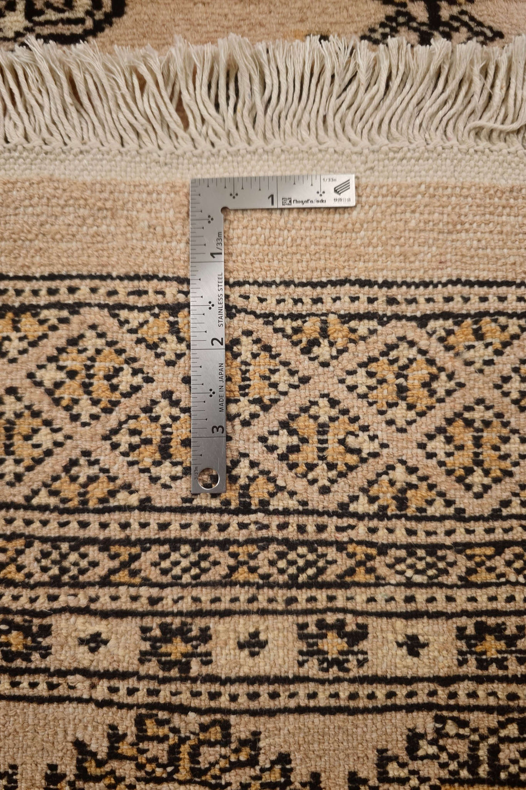 Camel beige and charcoal hand-knotted Bokhara rug, 206×243cm