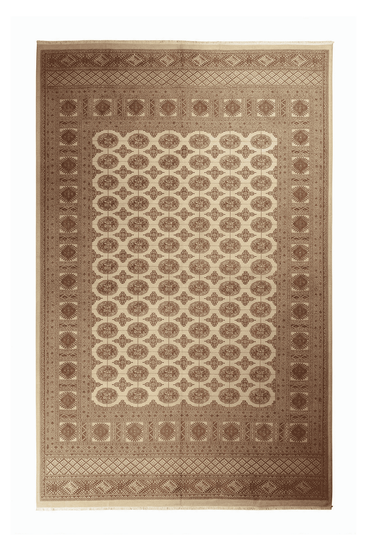 Beige Pakistani Bokhara Rug, gul design, hand-knotted, 277×373cm
