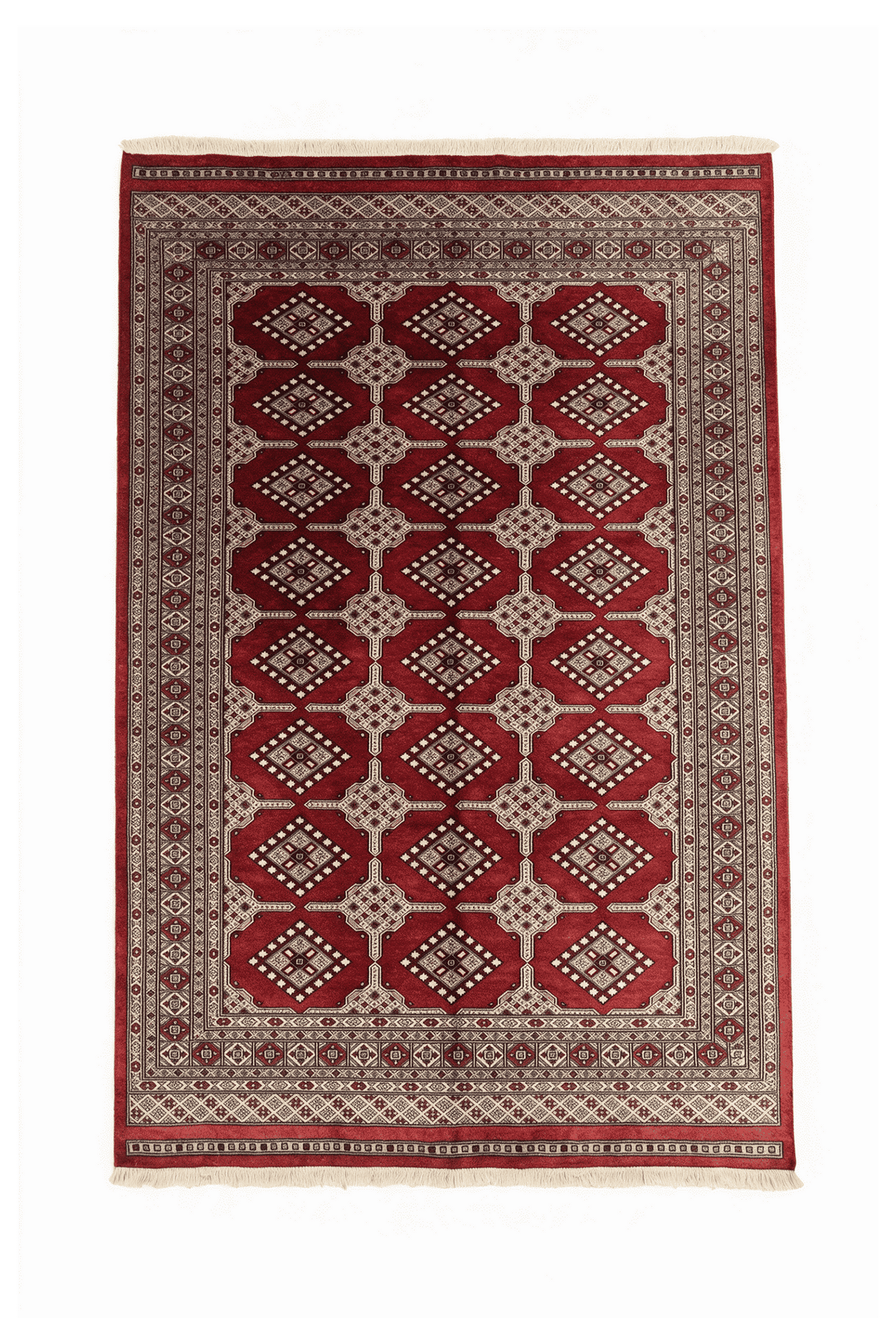 Brick red and cream Turkmen gül Bokhara wool rug, 156×239cm, 2 tatami