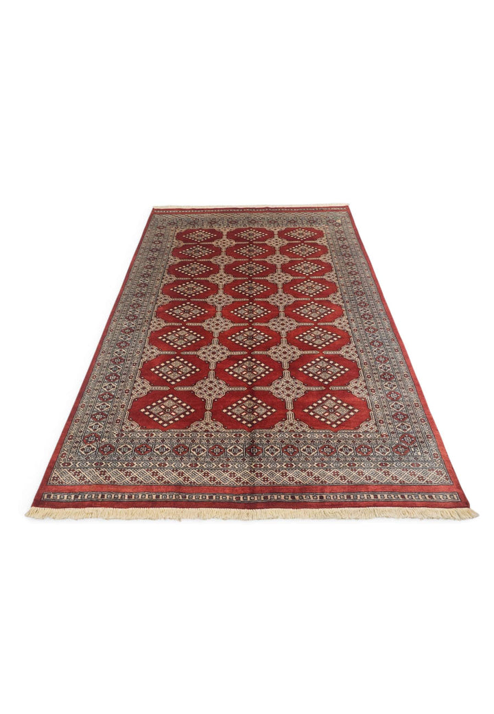 Border detail of brick red and cream hand-knotted Bokhara rug