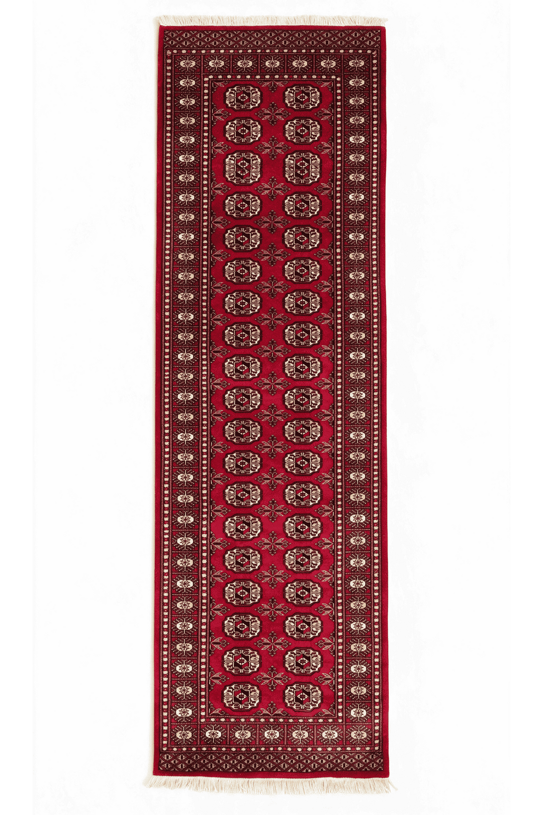 Bright red and gold Turkmen gül Bokhara runner, 79×240cm, hand-knotted wool