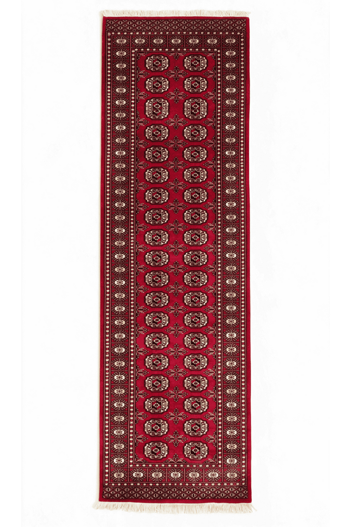 Bright red and gold Turkmen gül Bokhara runner, 79×240cm, hand-knotted wool