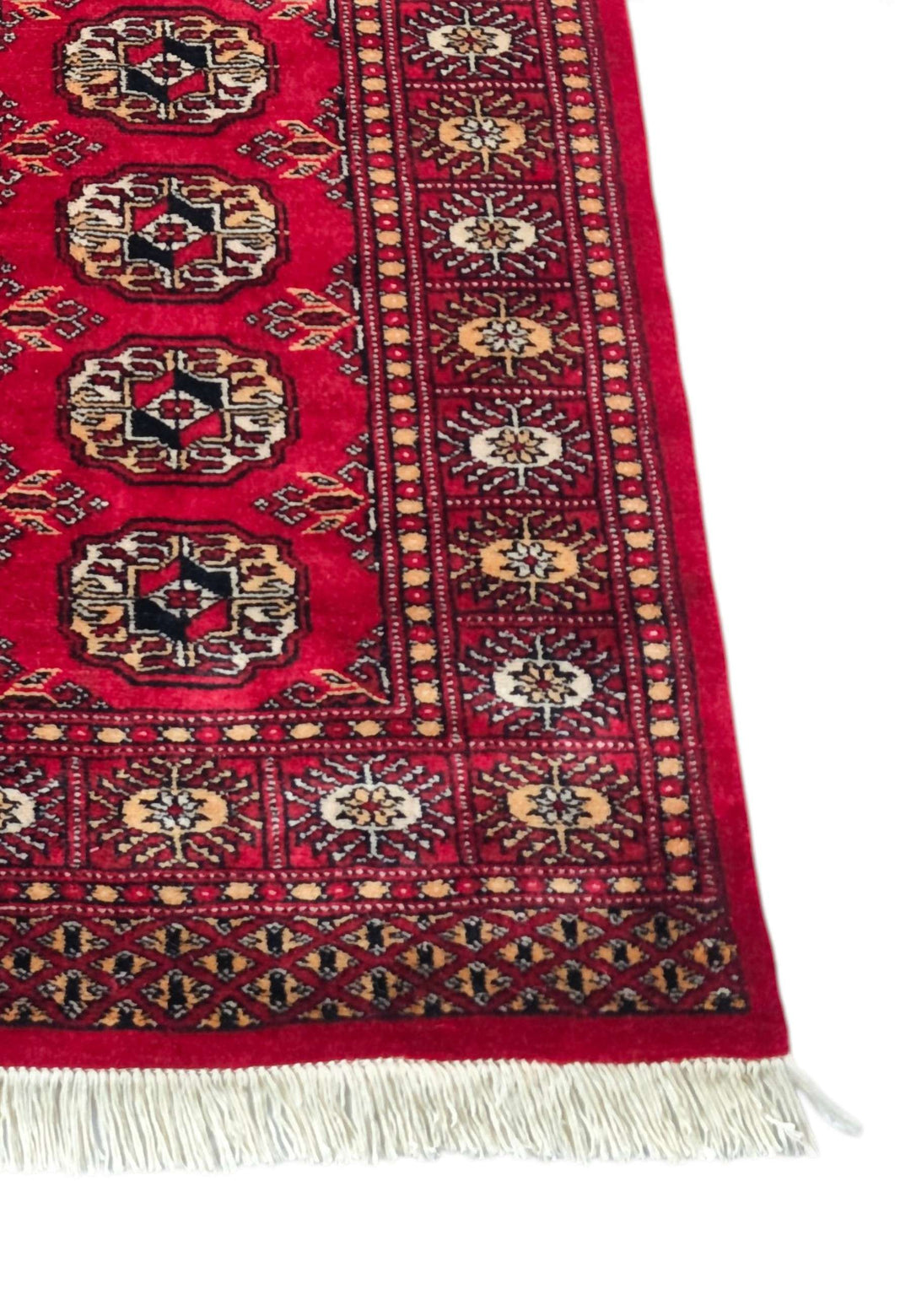 Bright red and gold hand-knotted Bokhara wool runner, 240cm long