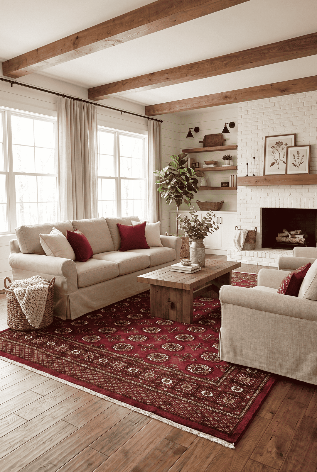 Border detail of burgundy red hand-knotted Bokhara rug