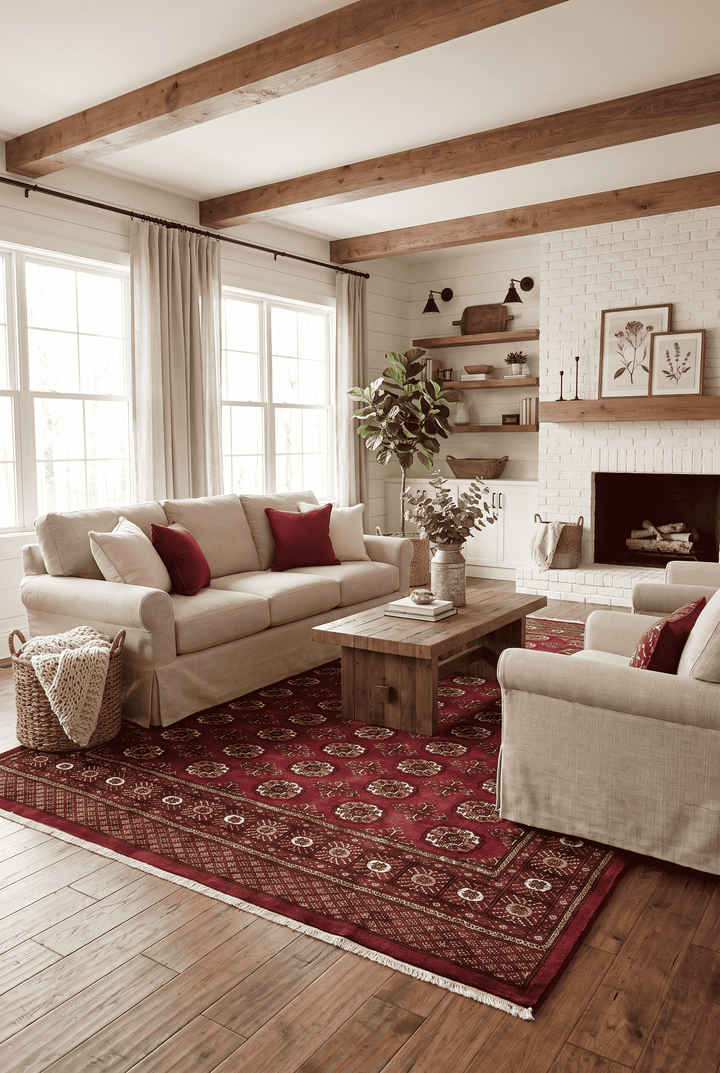 Border detail of burgundy red hand-knotted Bokhara rug