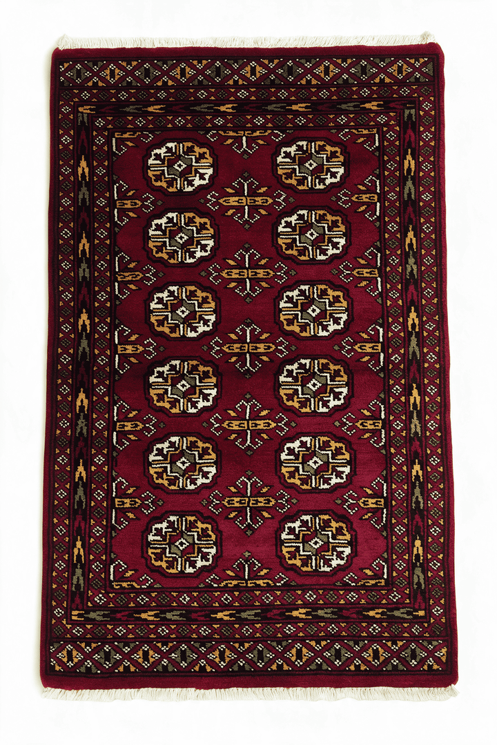 Burgundy Pakistani Bokhara Rug, gul design, hand-knotted, 79×128cm