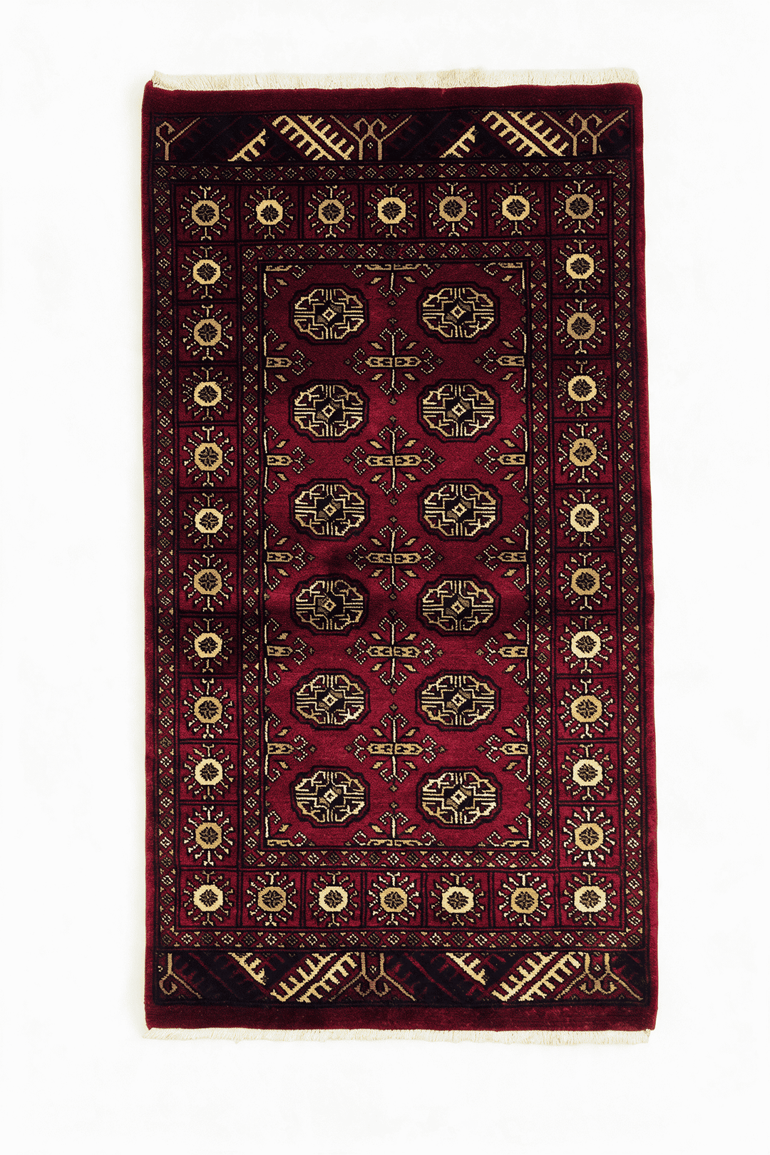 Burgundy Pakistani Bokhara Rug, gul design, hand-knotted, 97×164cm