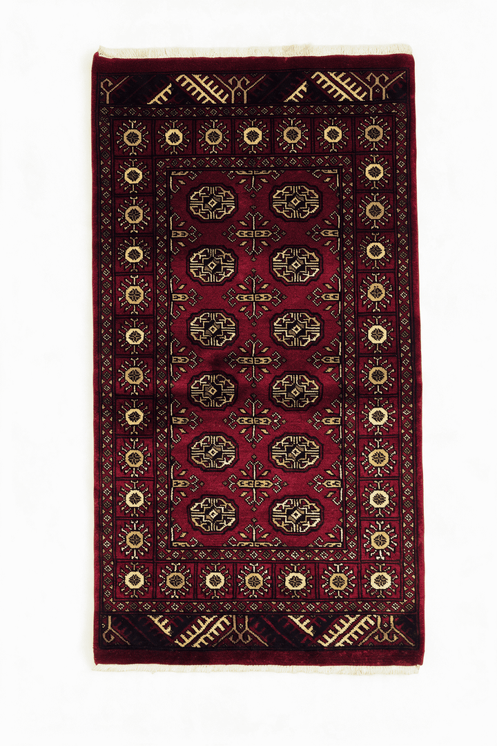 Burgundy Pakistani Bokhara Rug, gul design, hand-knotted, 97×164cm