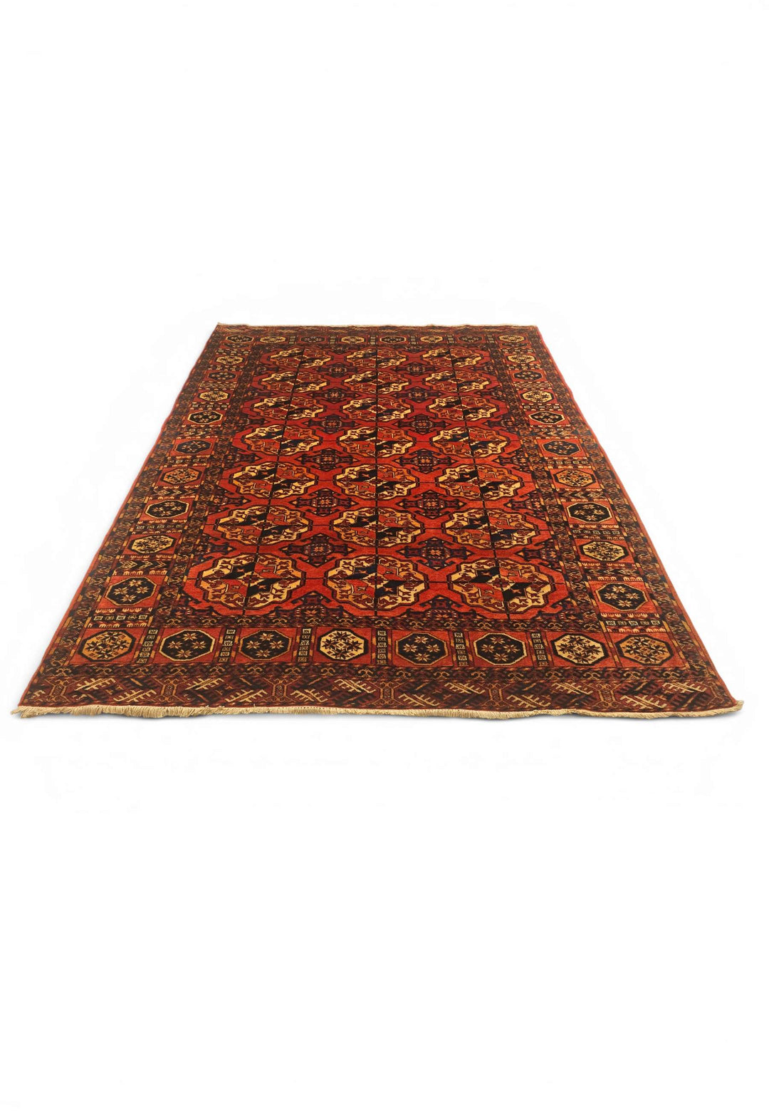 Border detail of burnt orange hand-knotted Afghan Sherwan rug
