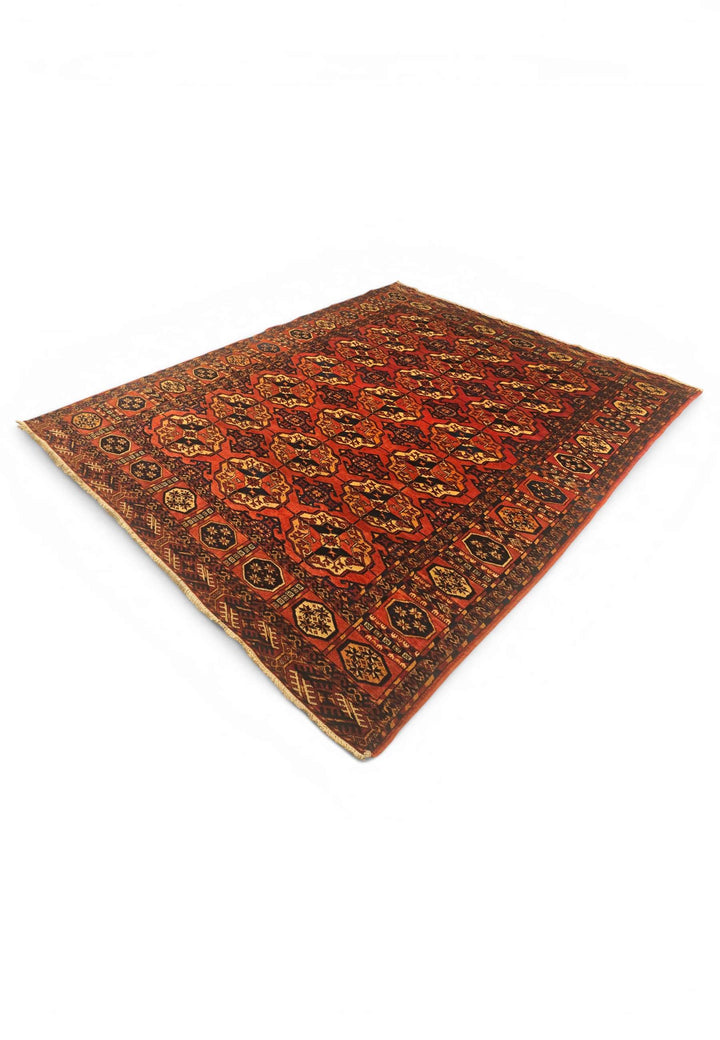 One-of-a-kind burnt orange Bokhara gül Afghan Sherwan rug