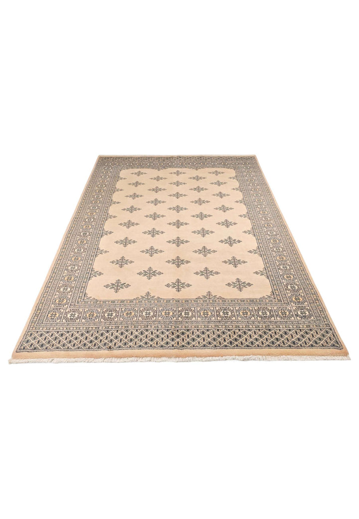 Hand-knotted wool pile of peach Bokhara rug, 174×237cm