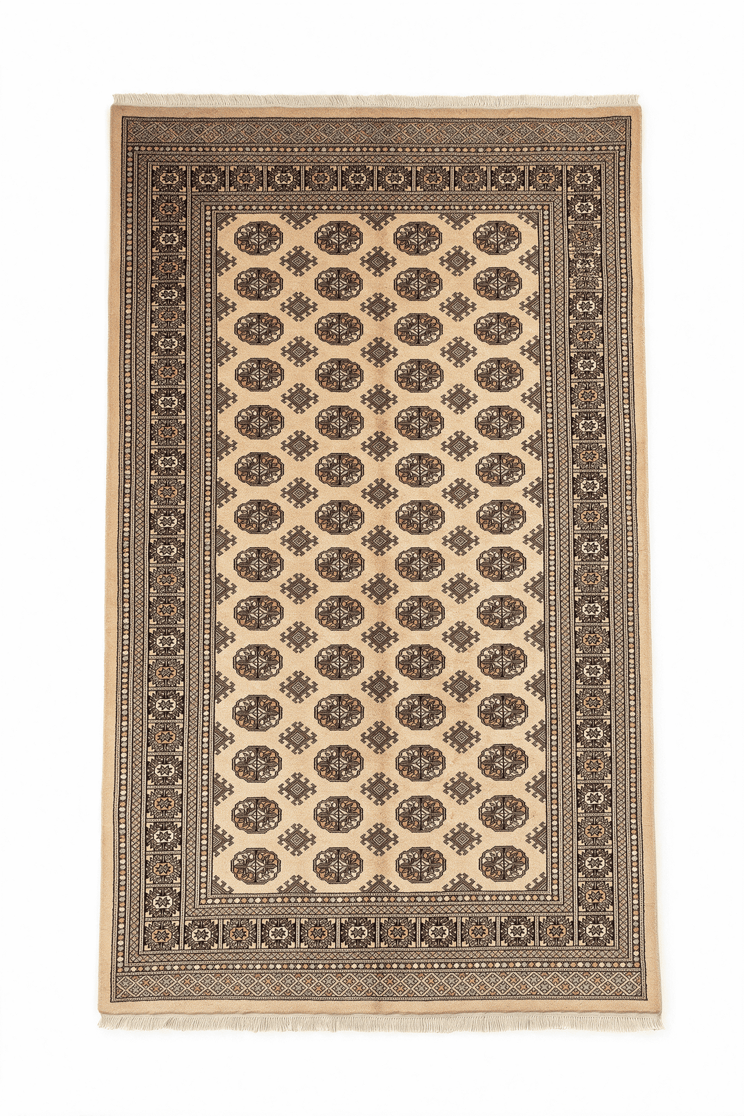 Warm gold and espresso Turkmen gül Bokhara wool rug, 151×252cm, 2 tatami