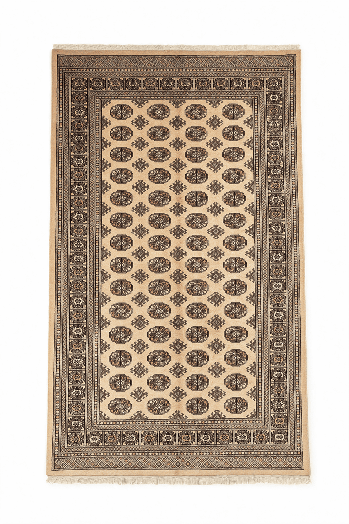Warm gold and espresso Turkmen gül Bokhara wool rug, 151×252cm, 2 tatami