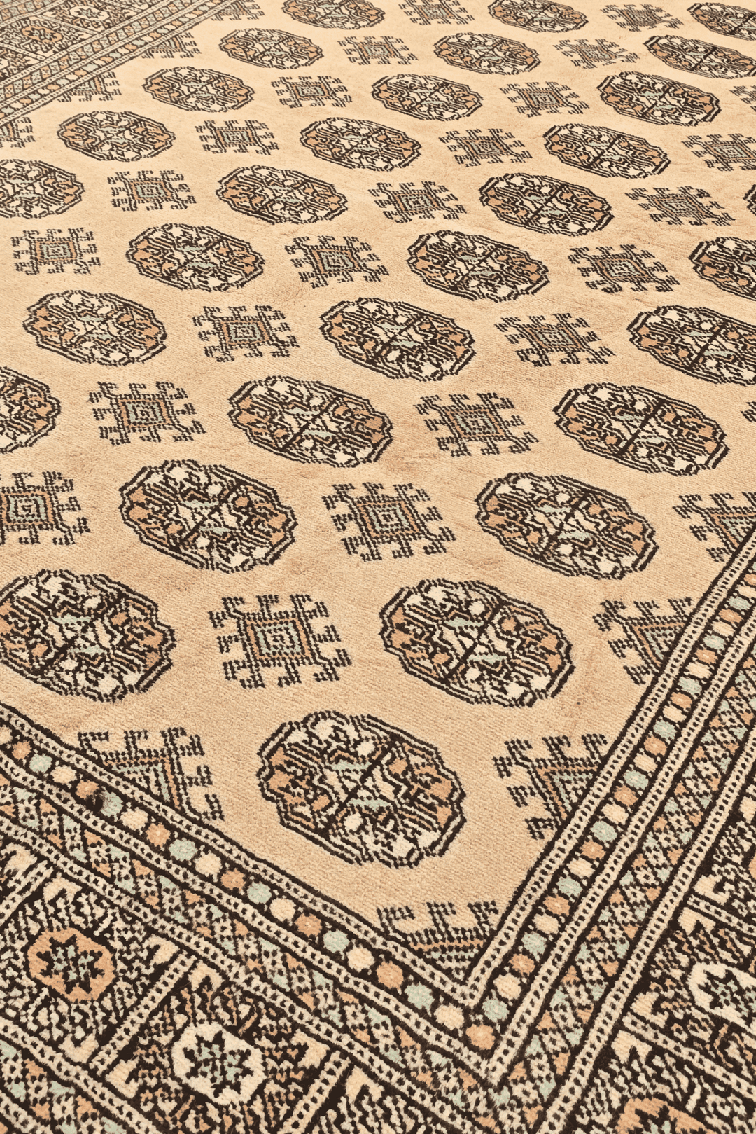Turkmen gül motifs in warm gold on hand-knotted Bokhara rug