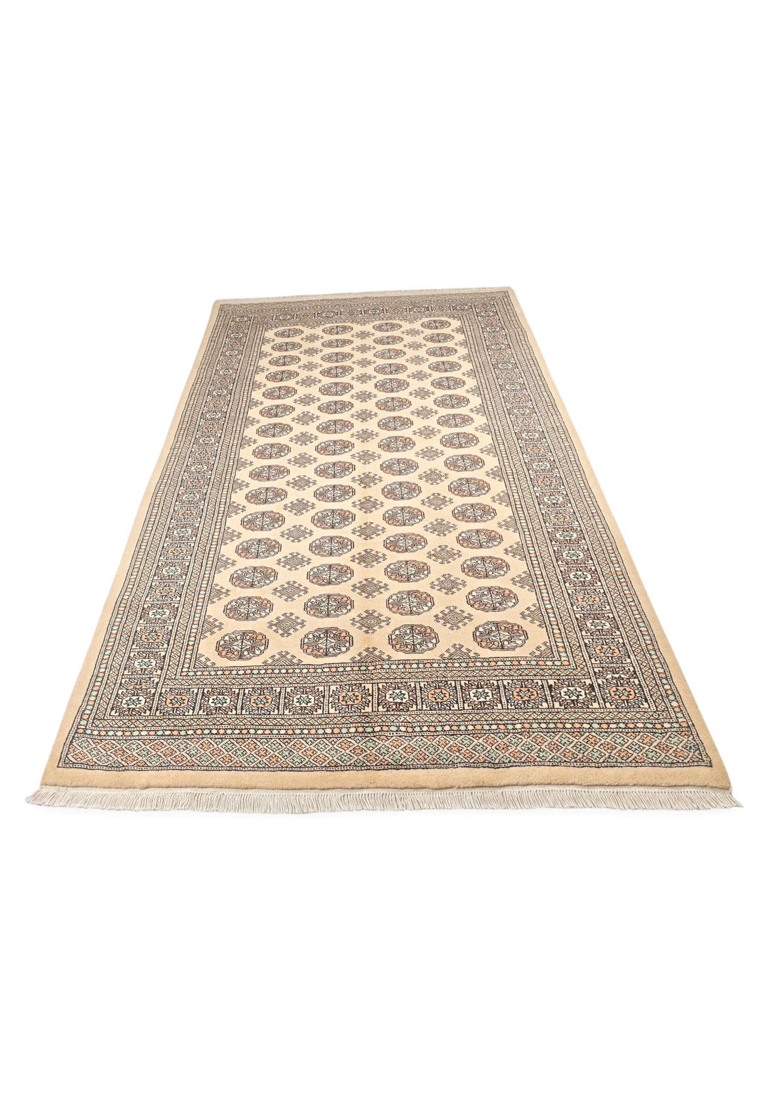 Hand-knotted wool pile of warm gold Bokhara rug, 151×252cm
