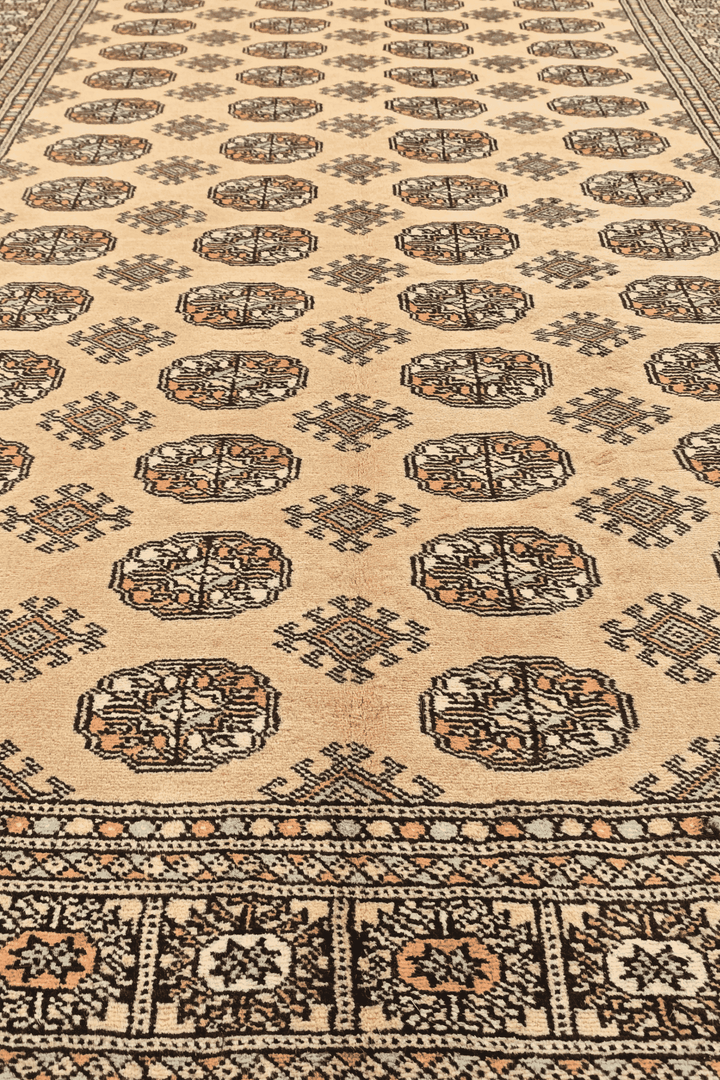 One-of-a-kind warm gold and espresso Pakistani Bokhara rug