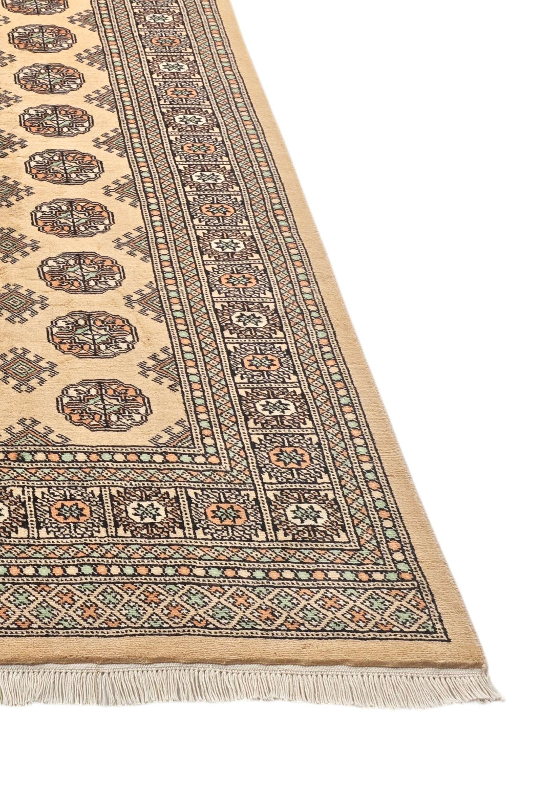 Hand-knotted warm gold Bokhara rug with repeating Turkmen güls