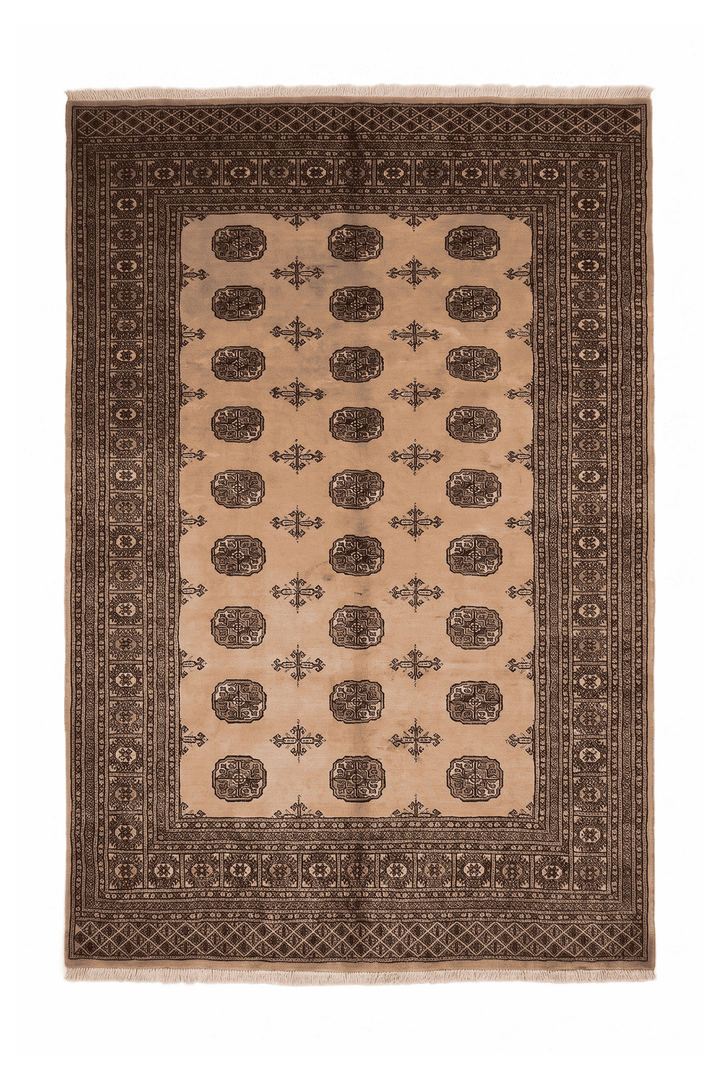 Camel and mahogany Turkmen gül Bokhara rug, 172×243cm, about 2 tatami