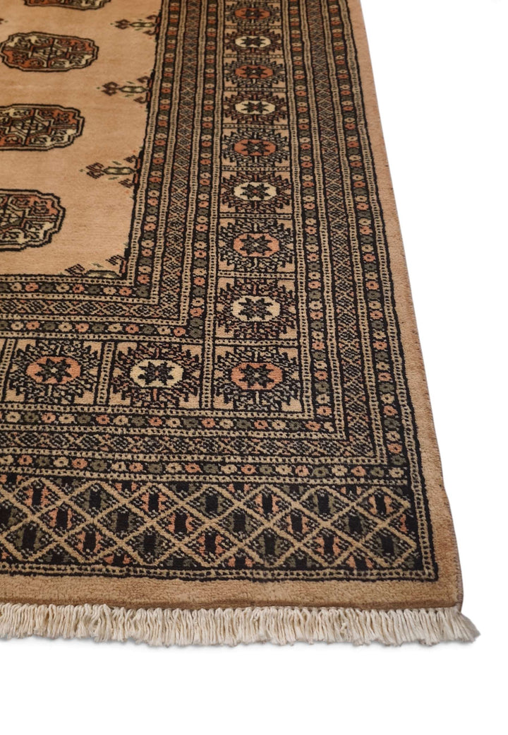 Camel and mahogany hand-knotted Bokhara wool rug, 172×243cm