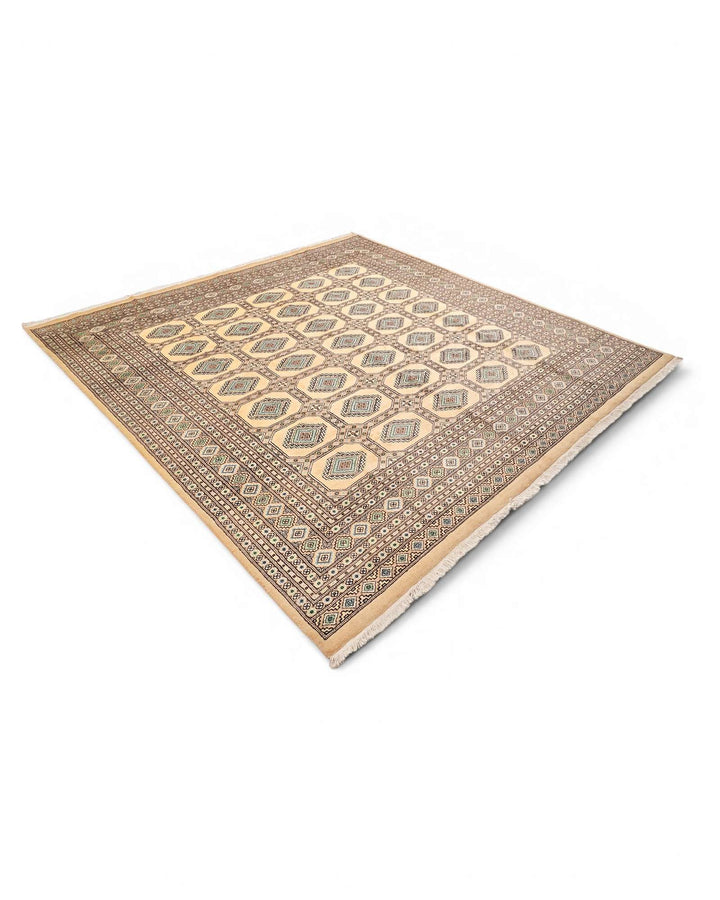 Hand-knotted camel square Bokhara rug with Turkmen güls