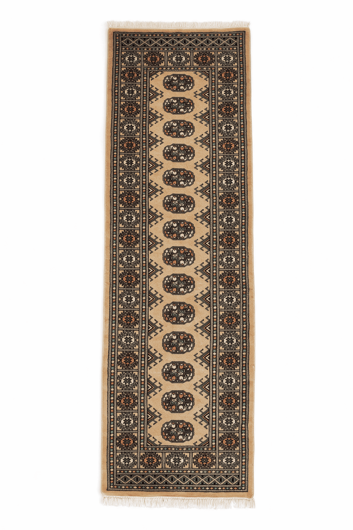Camel and sea green Turkmen gül Bokhara runner, 61×189cm, hand-knotted wool