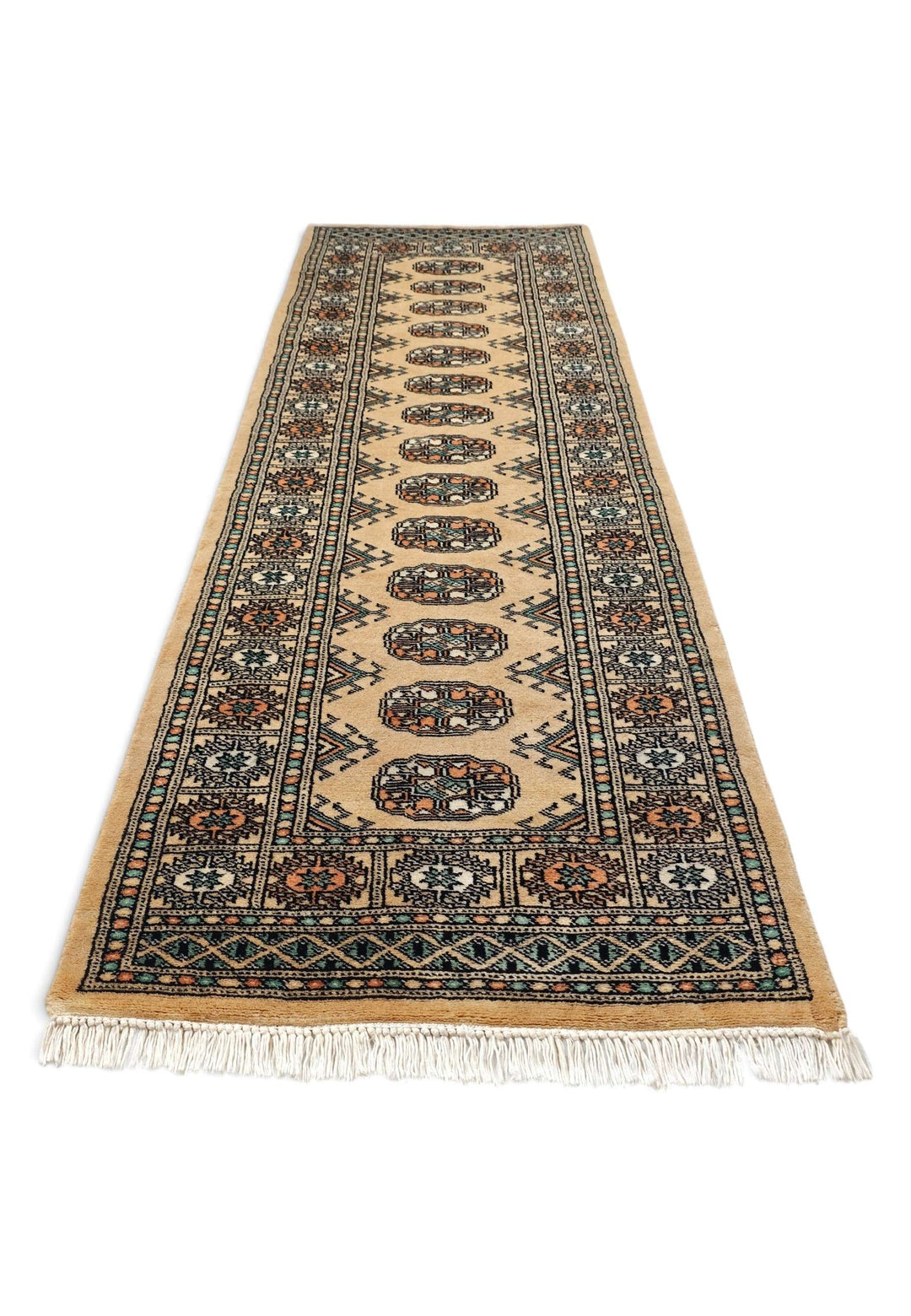 Border detail of camel and sea green hand-knotted Bokhara runner