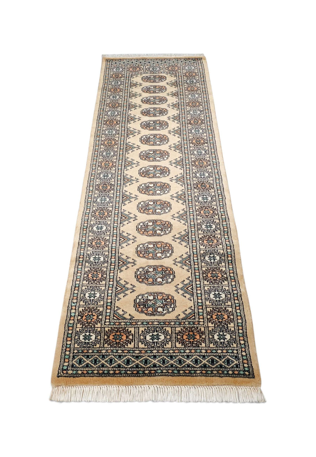Hand-knotted wool pile of camel sea green Bokhara runner, 61×189cm