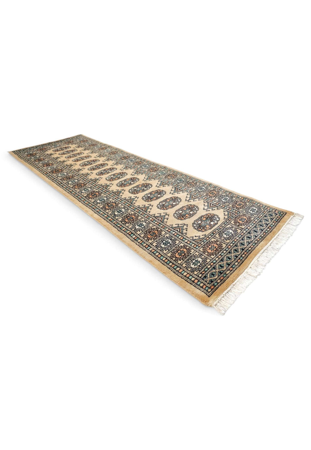 Camel and sea green Turkmen gül runner for a hallway, 61×189cm