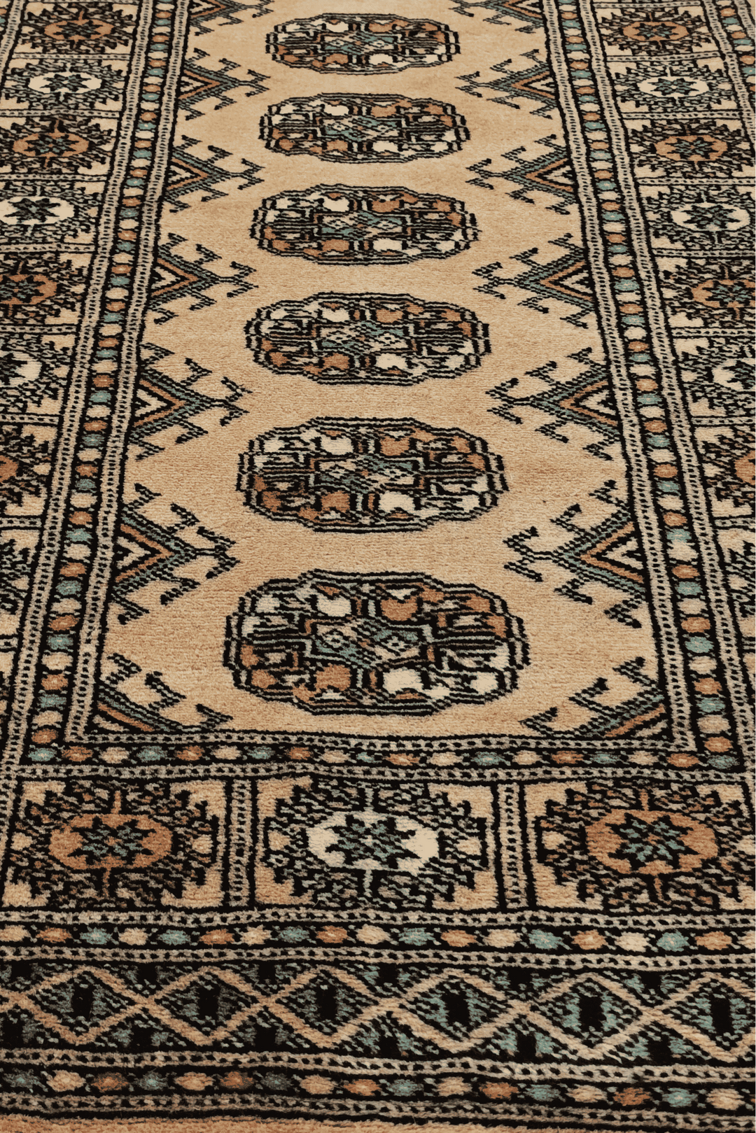 One-of-a-kind camel and sea green Pakistani Bokhara runner