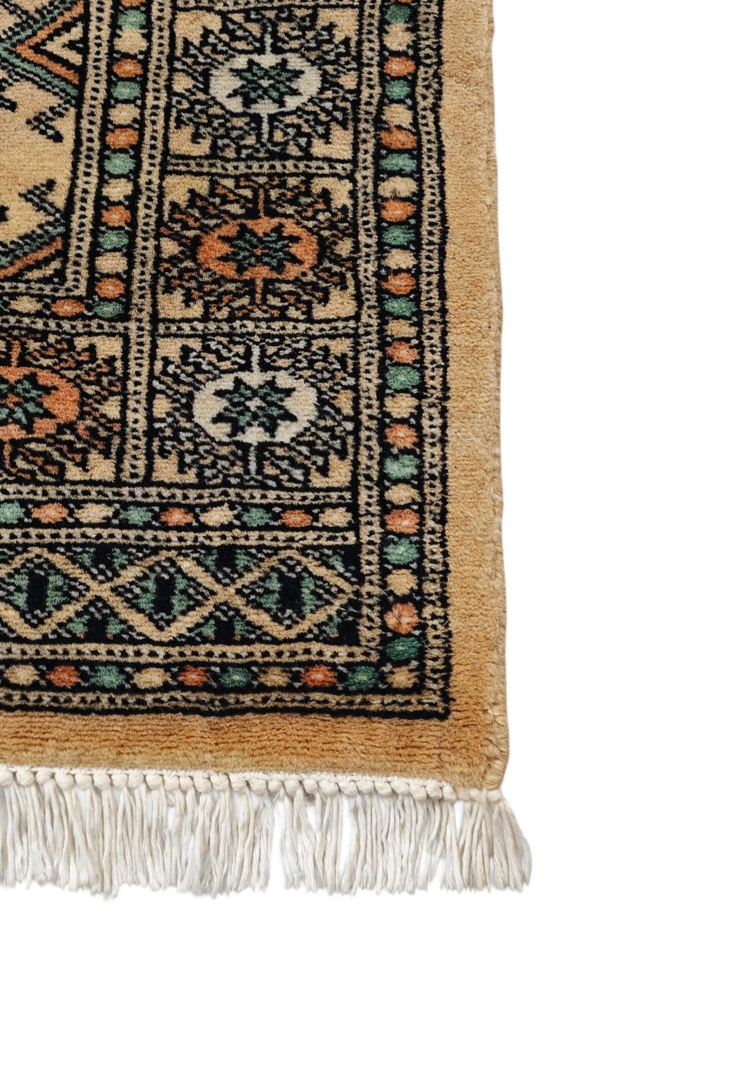 Hand-knotted camel Bokhara runner with repeating Turkmen güls
