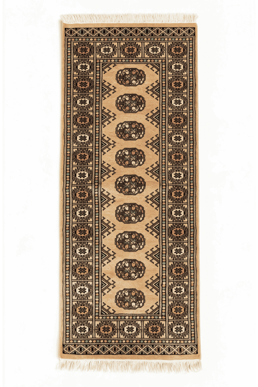 Gold and peach Turkmen gül Bokhara rug, 69×134cm, entrance mat size