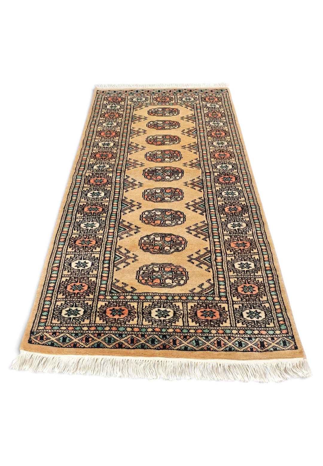 Border detail of gold and peach hand-knotted Bokhara rug