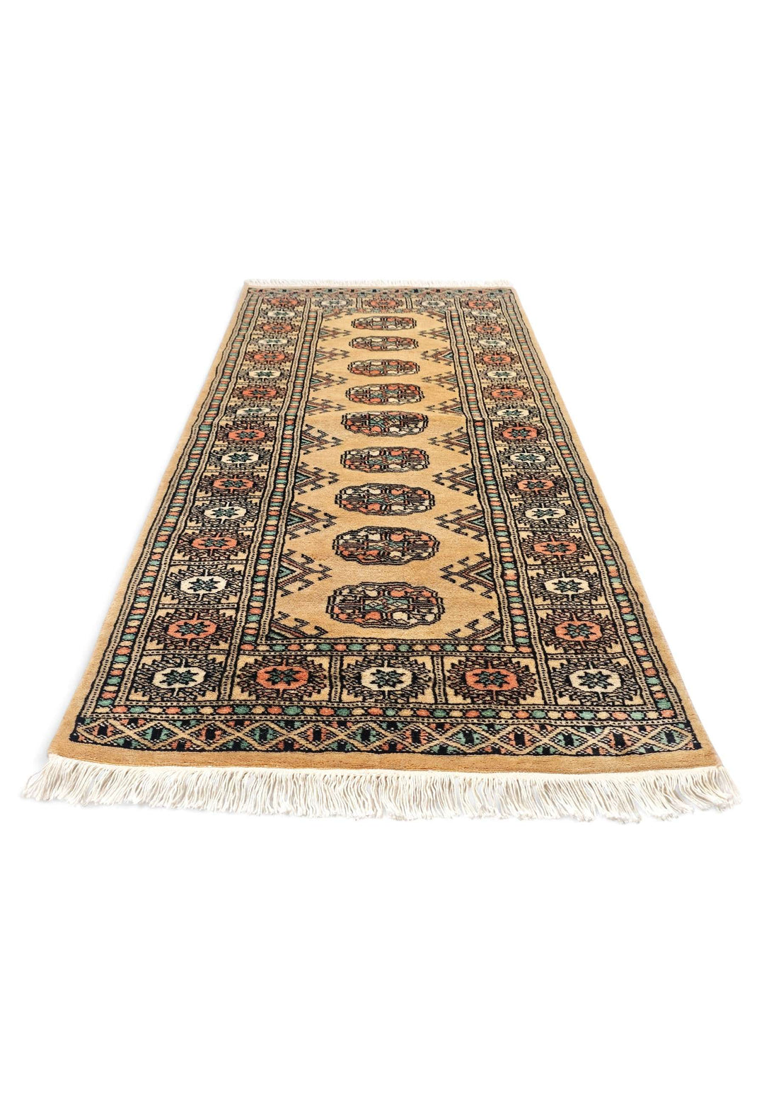 Hand-knotted wool pile of gold peach Bokhara rug, 69×134cm