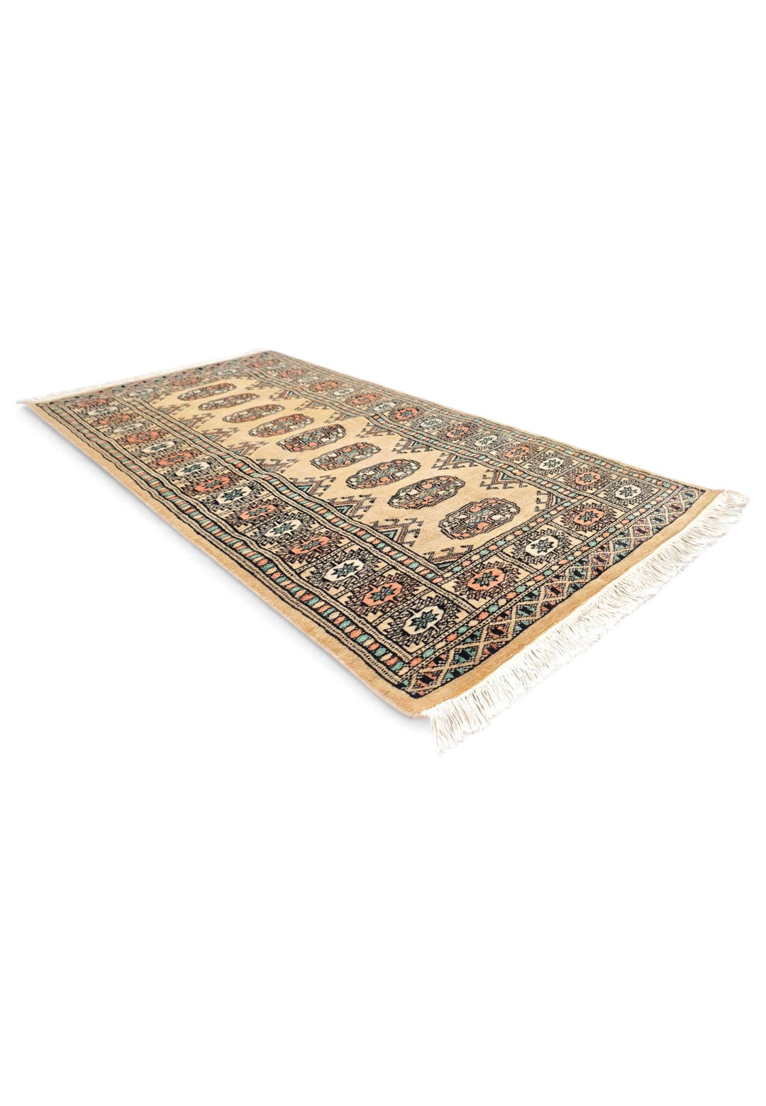 Gold and peach Turkmen gül rug for an entrance, 69×134cm