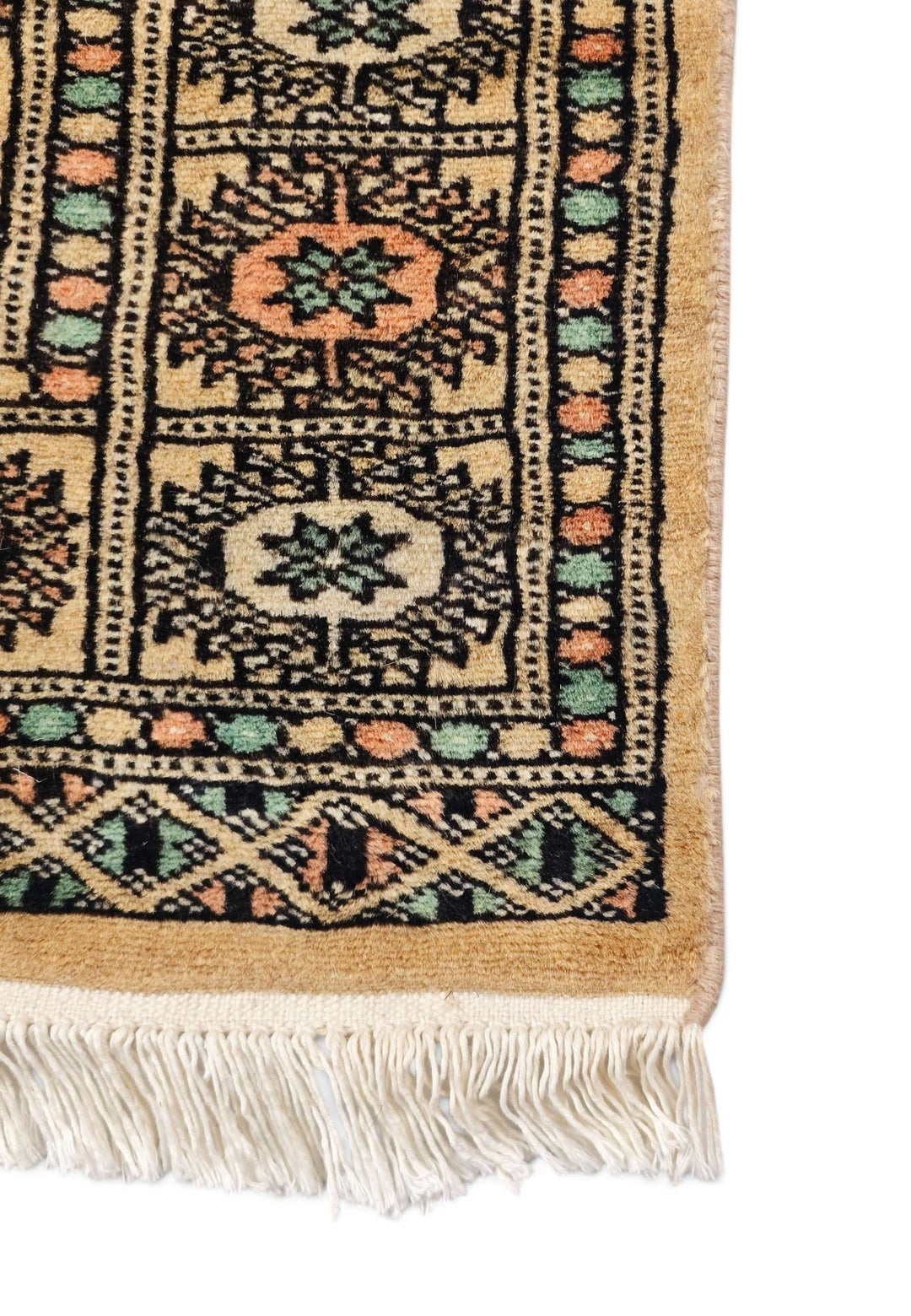 Hand-knotted gold Bokhara rug with peach Turkmen güls