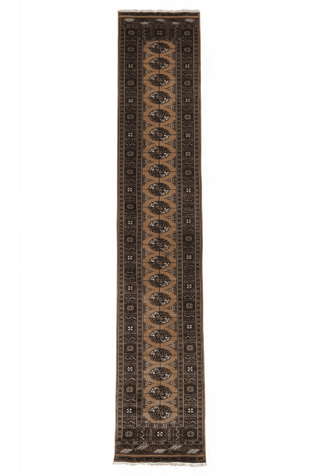 Camel and teal Turkmen gül Bokhara runner, 76×429cm, long hallway size
