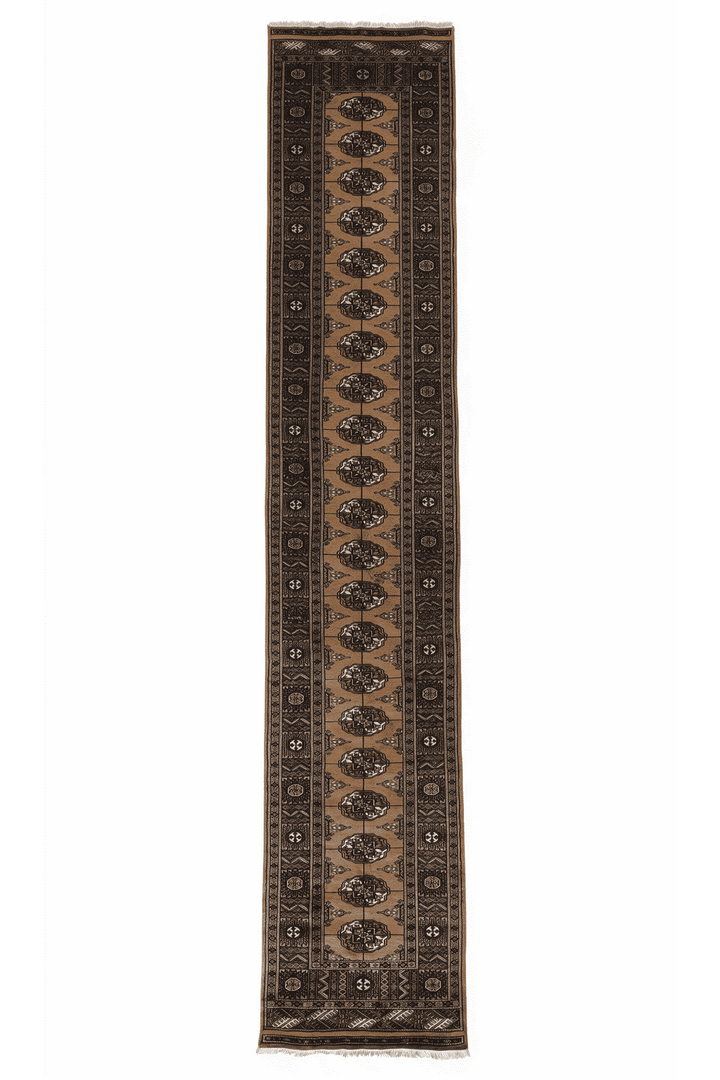 Camel and teal Turkmen gül Bokhara runner, 76×429cm, long hallway size