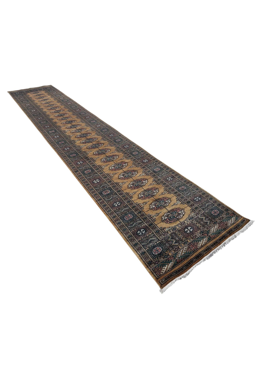 Camel teal Bokhara runner 76×429cm, Pakistani craftsmanship