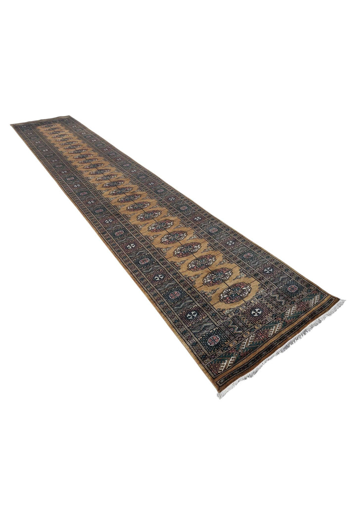 Camel teal Bokhara runner 76×429cm, Pakistani craftsmanship
