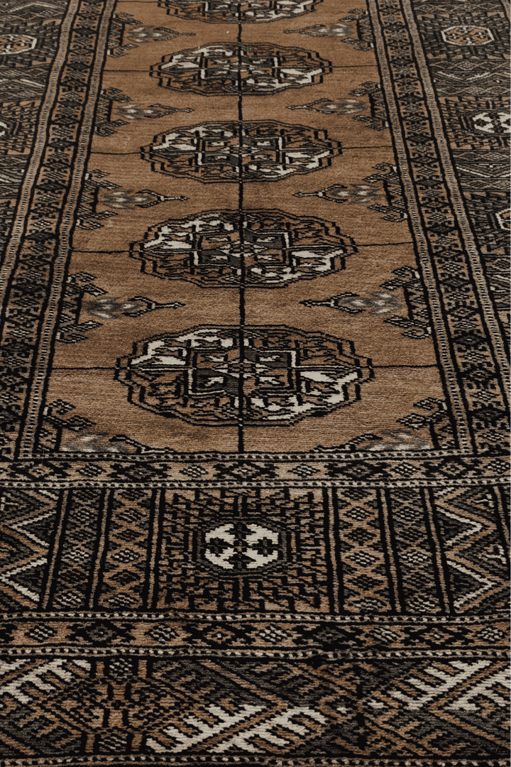 Hand-knotted camel Bokhara runner with teal Turkmen güls