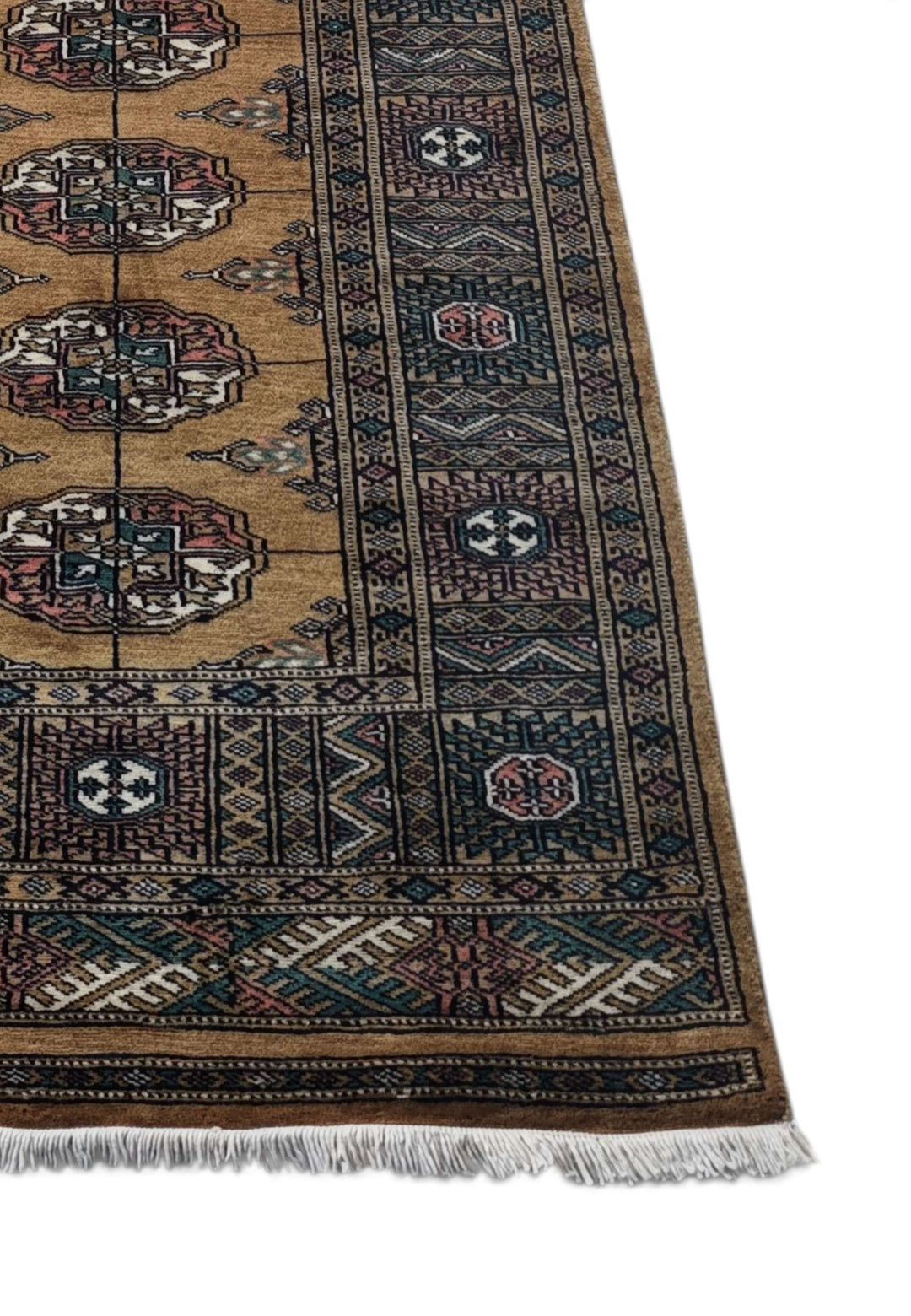 Long camel and teal hand-knotted Bokhara wool runner, 429cm