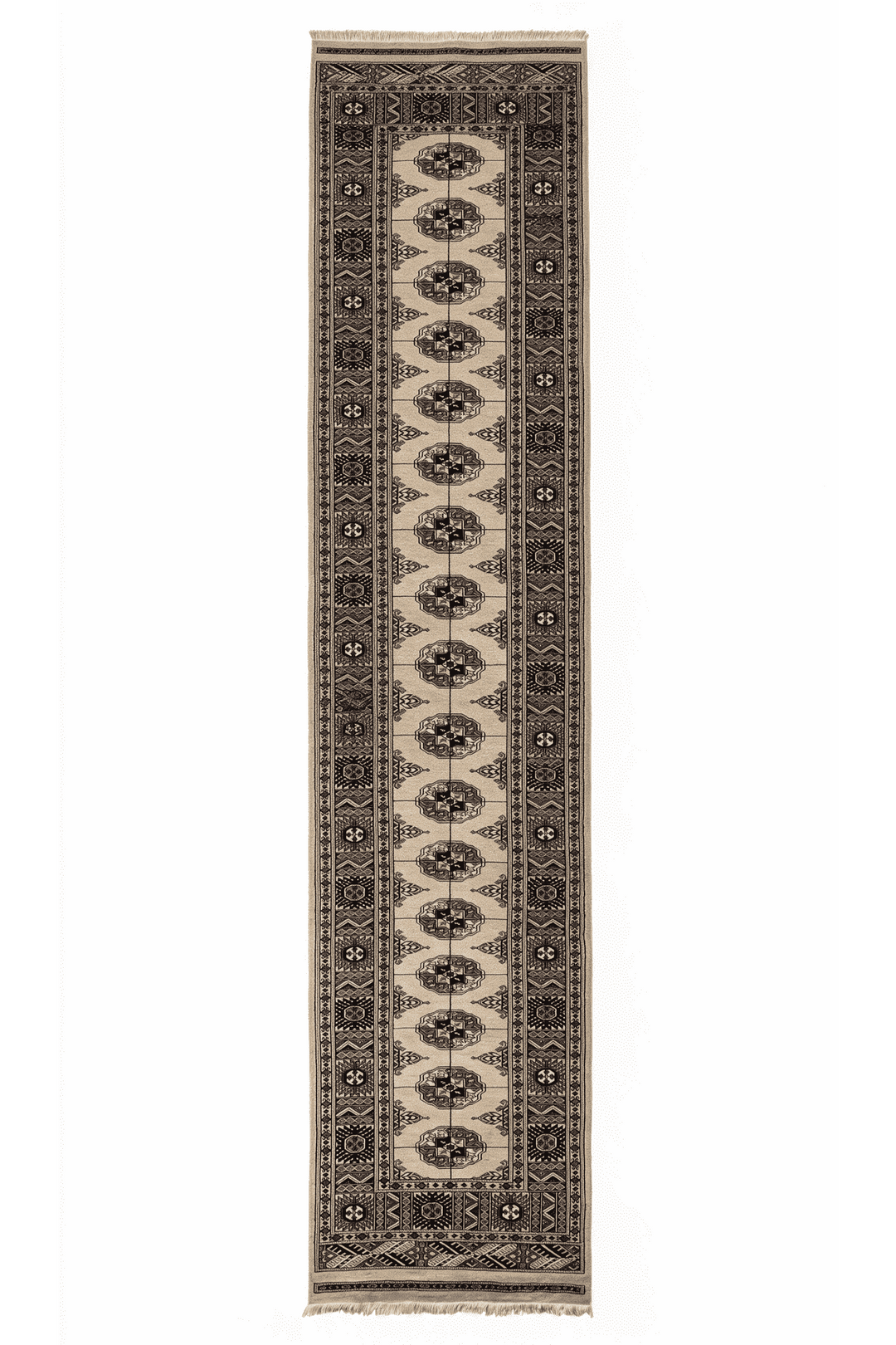 Camel and navy Turkmen gül Bokhara runner, 79×422cm, long hallway size